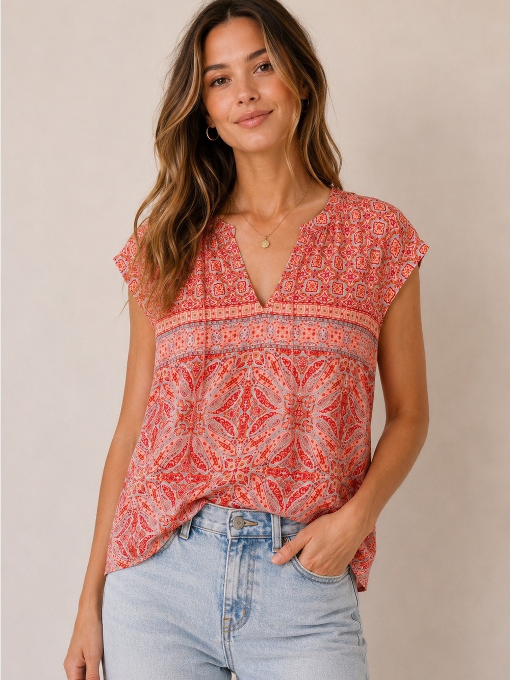 Sanctuary Bobo Mosaic Paisley Print Peasant Blouse Coral Pink‎ FestivalTop M